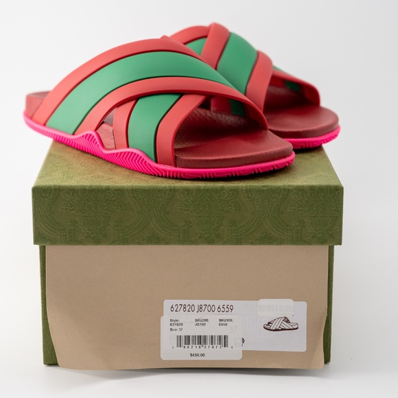 size 37G - Gucci Slide Sandals Cross Striped Red Green Web Rubber - Picture 9 of 10